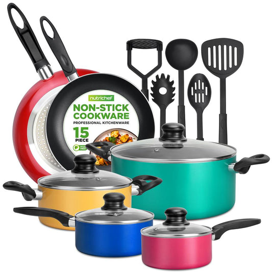 15-Piece Non-Stick Cookware Set, Even Heat, Colorful Lacquer Finish