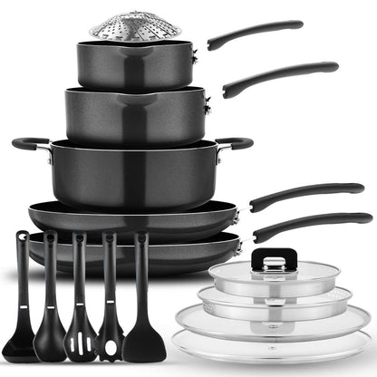 17-Piece Non-Stick Cookware Set - Space-Saving, Induction, Foldable Knob