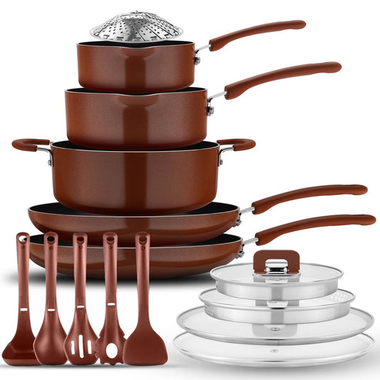 17-Piece Nonstick Cookware Set, Space-Saving Stackable Design, Brown