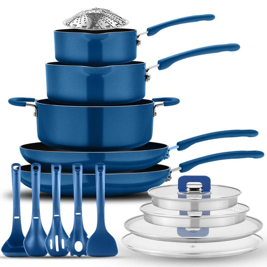 17-Pc Non-Stick Cookware Set, Space-Saving, Induction Base, Blue