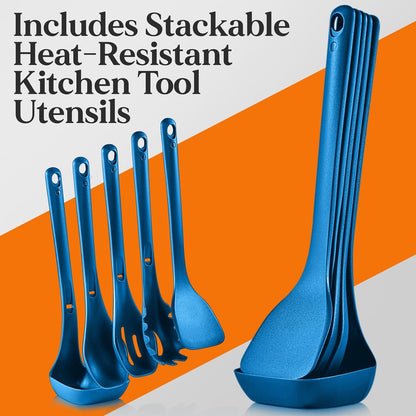 17-Pc Non-Stick Cookware Set, Space-Saving, Induction Base, Blue