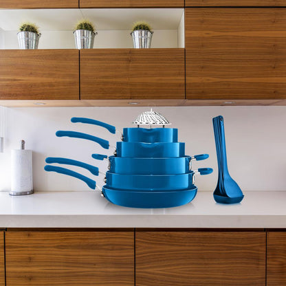 17-Pc Non-Stick Cookware Set, Space-Saving, Induction Base, Blue