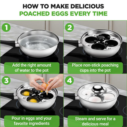 Egg Poacher Set for Perfect Eggs, Stainless Steel, Glass Lid, Silver