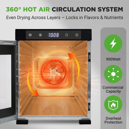 Electric Food Dehydrator 10-Tray Stainless Steel Digital Timer 900W