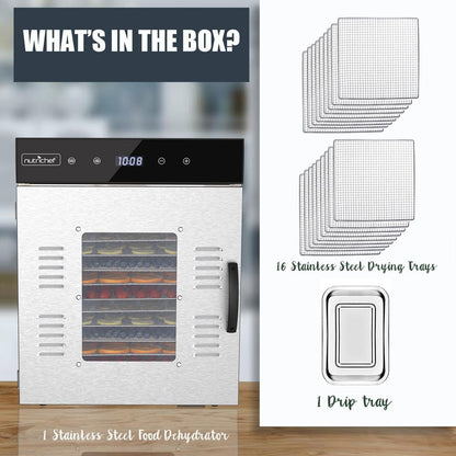 Electric Food Dehydrator 16 Trays Stainless Steel Digital Timer 1500W