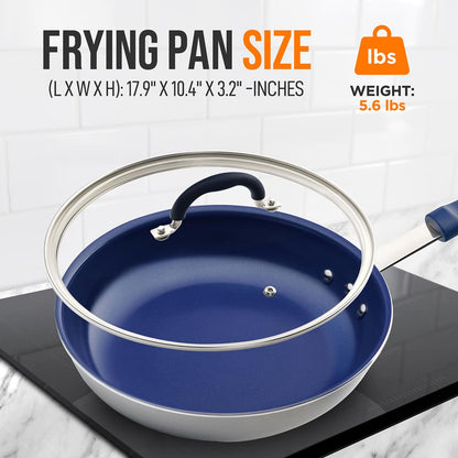10" Nonstick Fry Pan with Lid, Ceramic Coating, Blue Silicone Handle