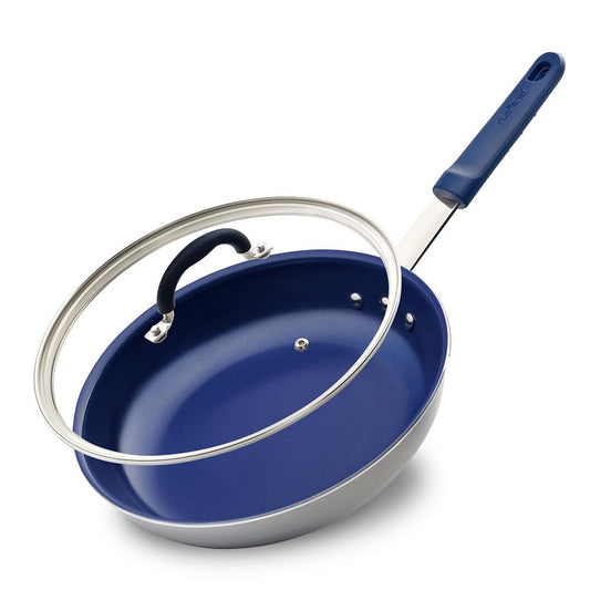 12" Nonstick Fry Pan with Lid - Even Heat Ceramic Coating, Blue Handle