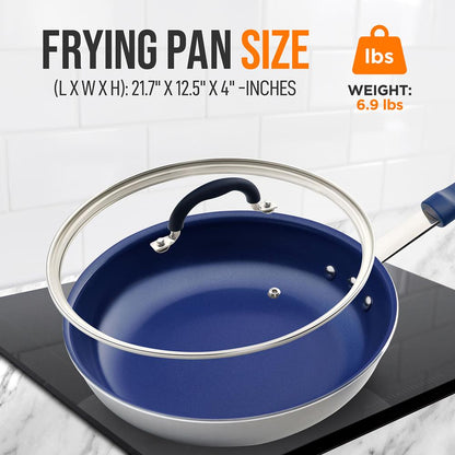 12" Nonstick Fry Pan with Lid - Even Heat Ceramic Coating, Blue Handle