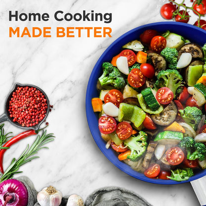 12" Nonstick Fry Pan with Lid - Even Heat Ceramic Coating, Blue Handle