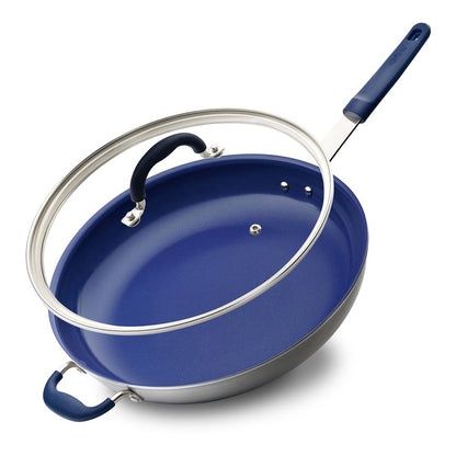14" Nonstick Fry Pan with Lid - Easy Clean Ceramic, Blue Silicone Handle