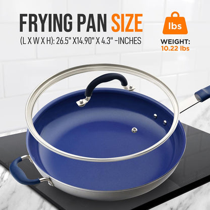 14" Nonstick Fry Pan with Lid - Easy Clean Ceramic, Blue Silicone Handle