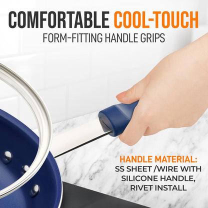 14" Nonstick Fry Pan with Lid - Easy Clean Ceramic, Blue Silicone Handle