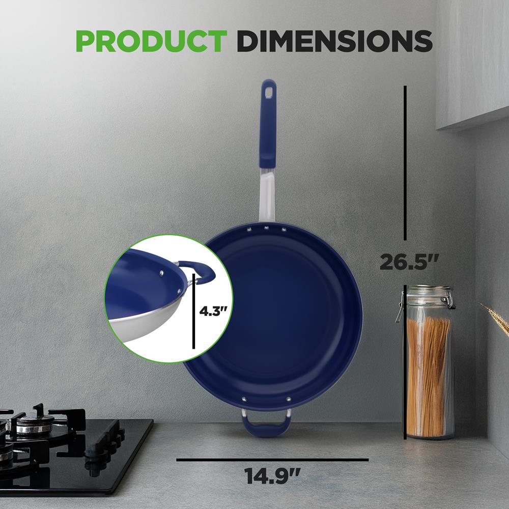 14" Nonstick Fry Pan with Lid - Easy Clean Ceramic, Blue Silicone Handle - Thumbnail 3