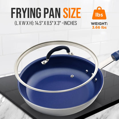 8" Nonstick Fry Pan with Lid, Ceramic Coating, Blue Silicone Handle