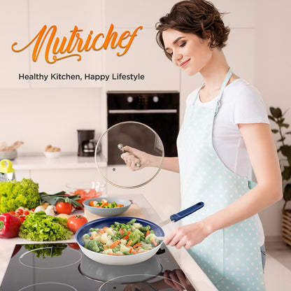 8" Nonstick Fry Pan with Lid, Ceramic Coating, Blue Silicone Handle