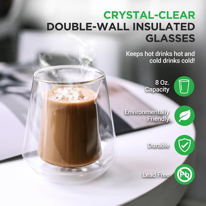 Double Wall Insulated Glasses - Sweat Free, Borosilicate, Clear, 8 oz, 2pcs