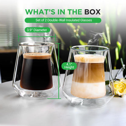 Double Wall Insulated Glasses - Sweat Free, Borosilicate, Clear, 8 oz, 2pcs