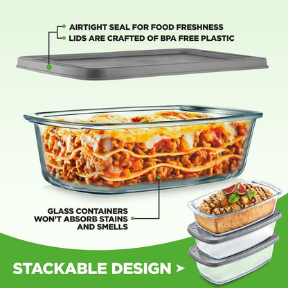 6-Piece Glass Loaf Pan Set - Airtight Lids, Stackable, Oven Safe, Clear