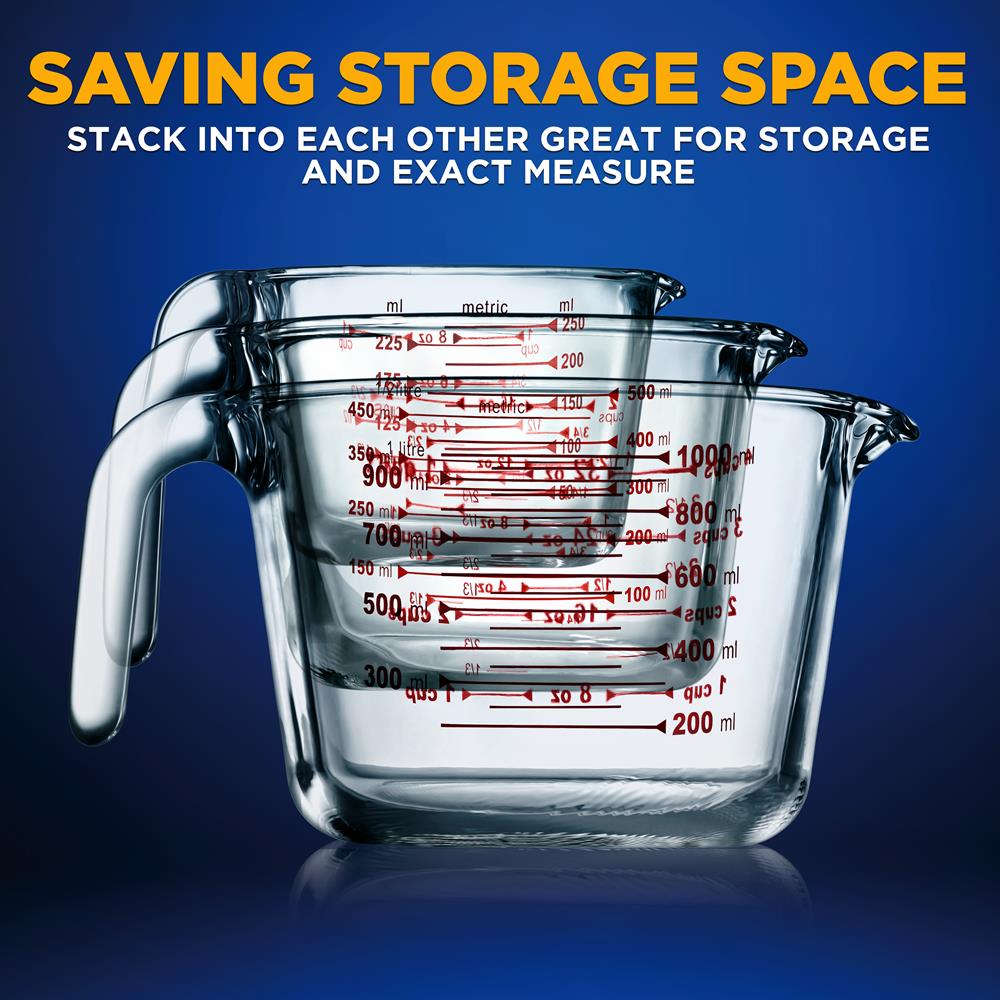 3-Piece Glass Measuring Cups Set Precise Pouring, Heat-Resistant