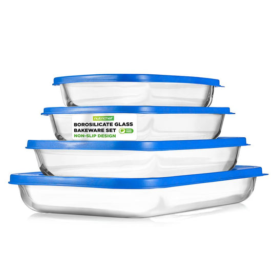 8-Piece Glass Bakeware Set, Stackable, Borosilicate, Blue Lids