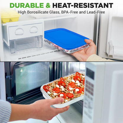 8-Piece Glass Bakeware Set, Stackable, Borosilicate, Blue Lids