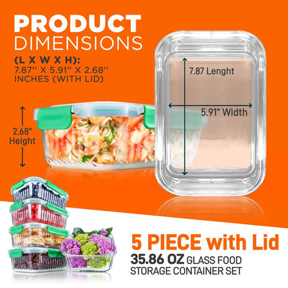 10-Piece Glass Food Storage Set - Leakproof Airtight Lids, Oven Safe