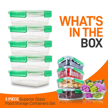 10-Piece Glass Food Storage Set - Leakproof Airtight Lids, Oven Safe