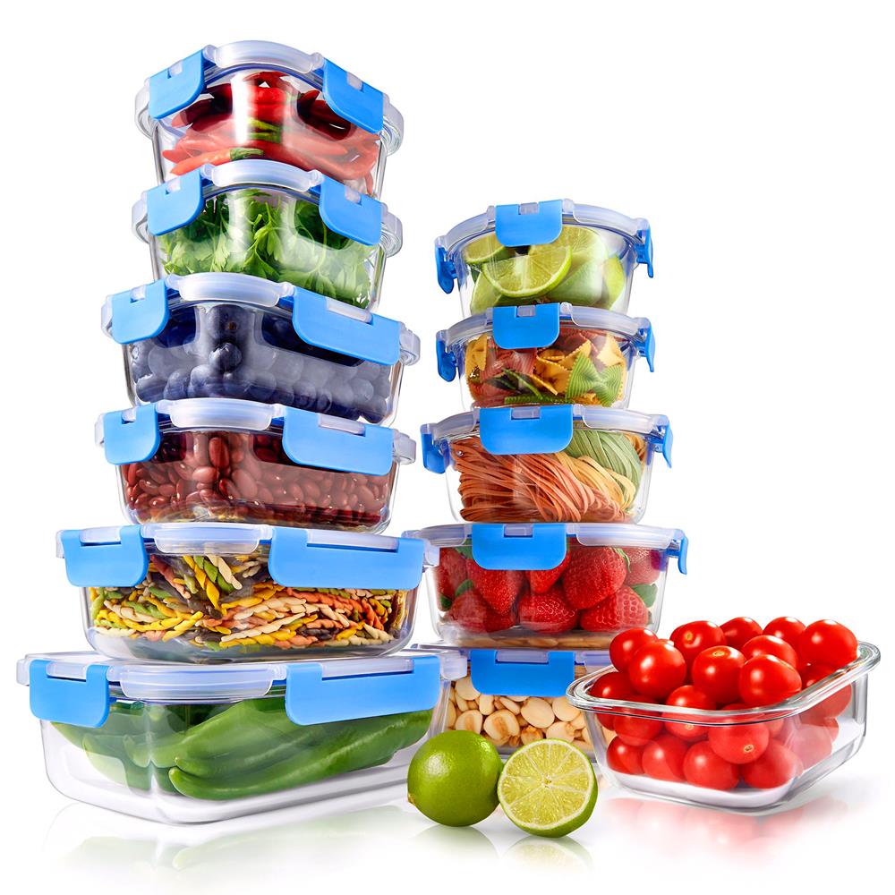 24-Piece Glass Food Storage Set, Airtight Leak-Proof, Blue