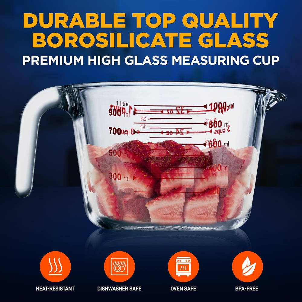Glass Measuring Cup 1000ml Precise Pouring Borosilicate Heat