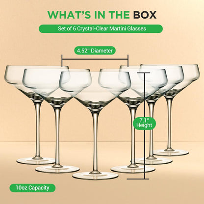 10oz Martini Glasses Set of 6, Elegant Crystal, Dishwasher Safe