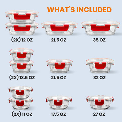Glass Food Storage Set 24pc Airtight Leak-Proof Borosilicate Red