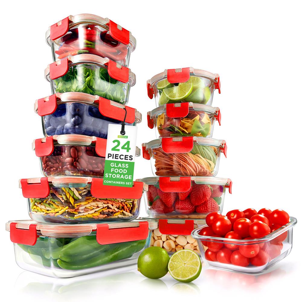 Glass Food Storage Set 24pc Airtight Leak-Proof Borosilicate Red