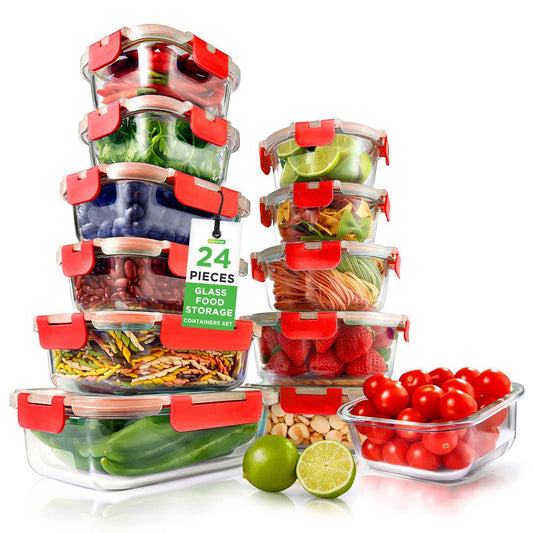 Glass Food Storage Set 24pc Airtight Leak-Proof Borosilicate Red