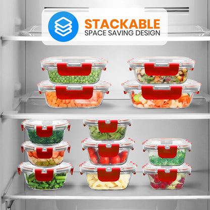 Glass Food Storage Set 24pc Airtight Leak-Proof Borosilicate Red