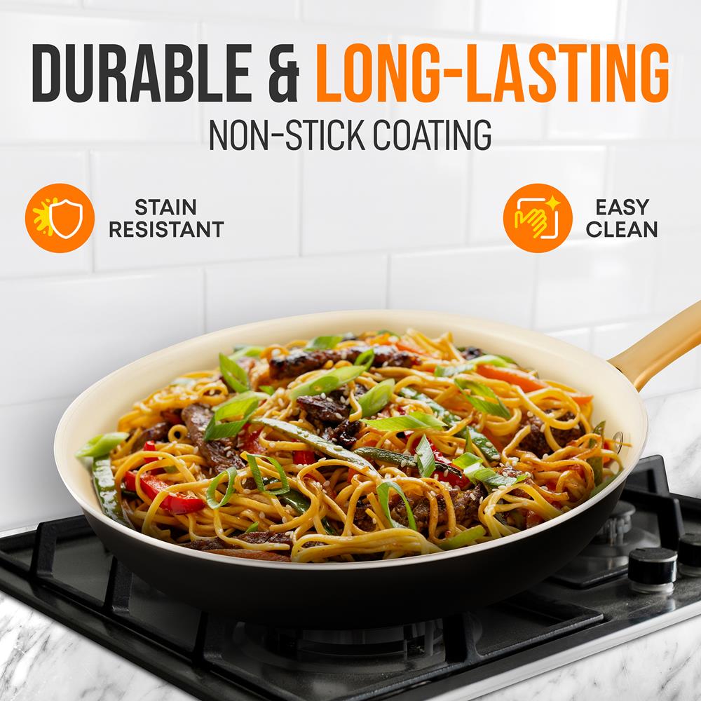 10" Non-Stick Frying Pan, Even Heat, Ceramic Coating, Golden Handle - Thumbnail 3