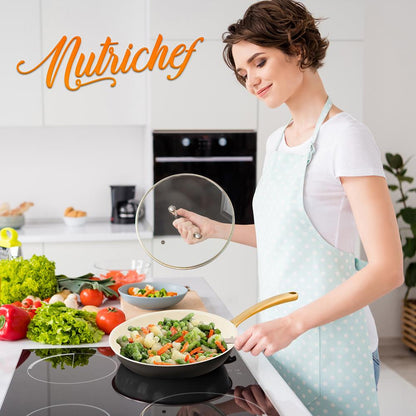 12" Non-Stick Frying Pan, Even Heat, Ceramic Coating, Golden Handle