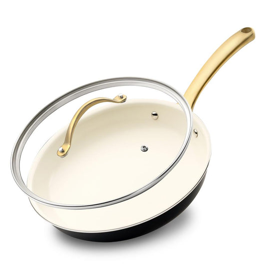 10" Non-Stick Frying Pan with Lid, Golden Titanium Handle, Easy Clean