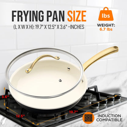 12" Non-Stick Frying Pan with Lid, Even Heat, Golden Titanium Handle