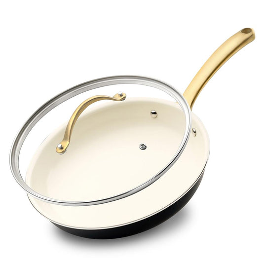 12" Non-Stick Frying Pan with Lid, Even Heat, Golden Titanium Handle