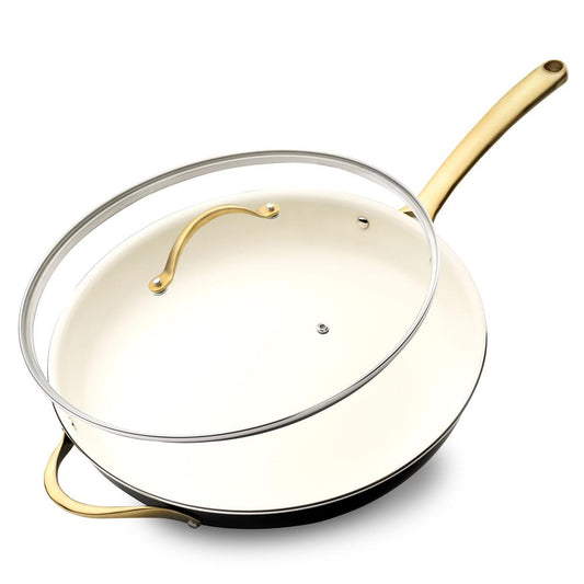 14" Non-Stick Fry Pan with Lid, Golden Titanium Handle, Easy Clean