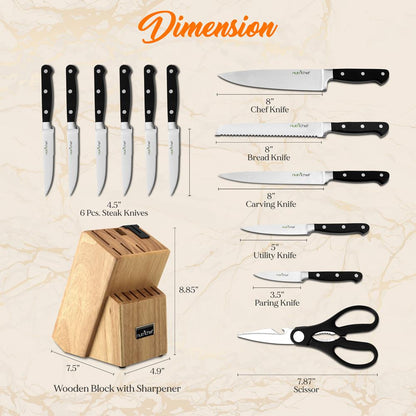 13-Piece Knife Set with Block, Precision German Steel, Built-In Sharpener
