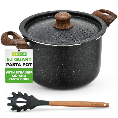 5qt Non-Stick Pasta Pot with Strainer Lid & Fork, Even Heat, Black Marble