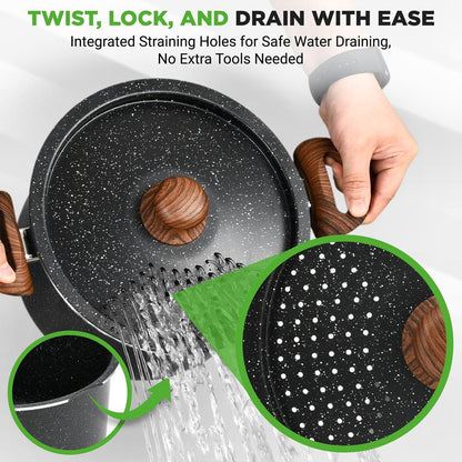 5qt Non-Stick Pasta Pot with Strainer Lid & Fork, Even Heat, Black Marble