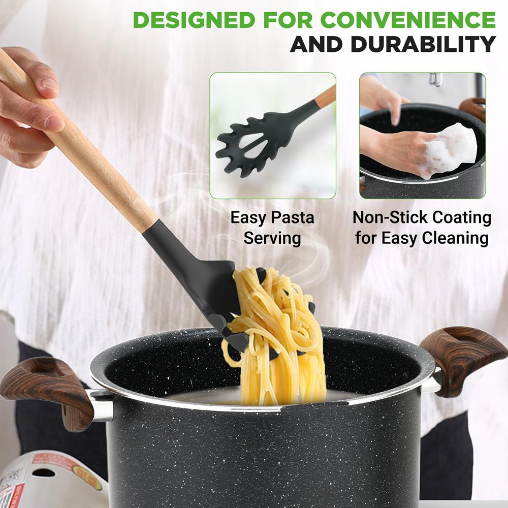 5qt Non-Stick Pasta Pot with Strainer Lid & Fork, Even Heat, Black Marble - Thumbnail 2