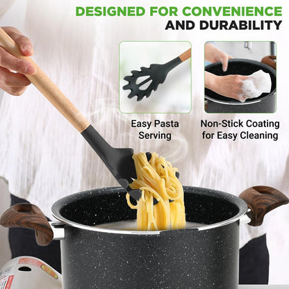 5qt Non-Stick Pasta Pot with Strainer Lid & Fork, Even Heat, Black Marble