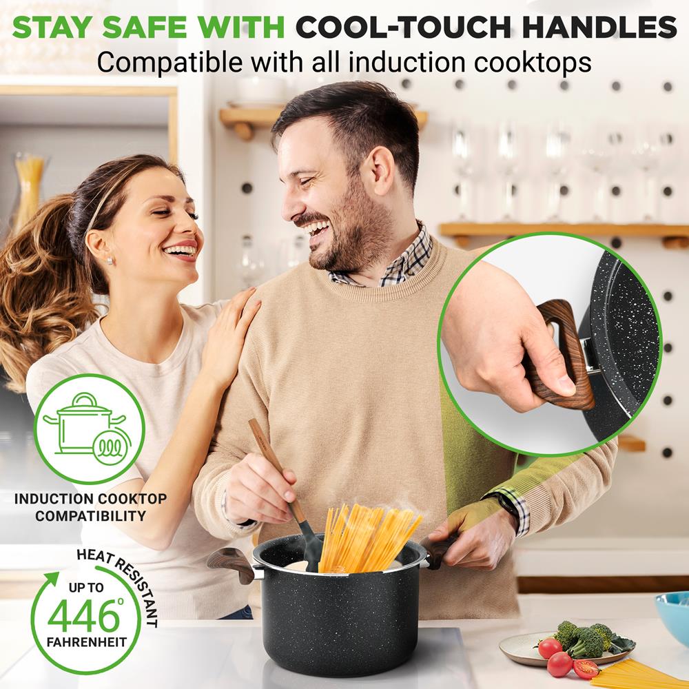 5qt Non-Stick Pasta Pot with Strainer Lid & Fork, Even Heat, Black Marble - Thumbnail 5