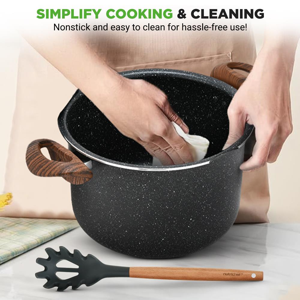 5qt Non-Stick Pasta Pot with Strainer Lid & Fork, Even Heat, Black Marble - Thumbnail 4