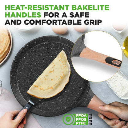 11" Non-Stick Crepe Pan, Easy Clean Marble Coating, Includes Spreader