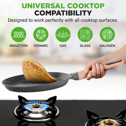 11" Non-Stick Crepe Pan, Easy Clean Marble Coating, Includes Spreader