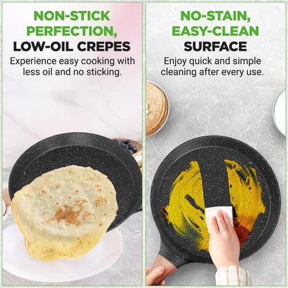11" Non-Stick Crepe Pan, Easy Clean Marble Coating, Includes Spreader